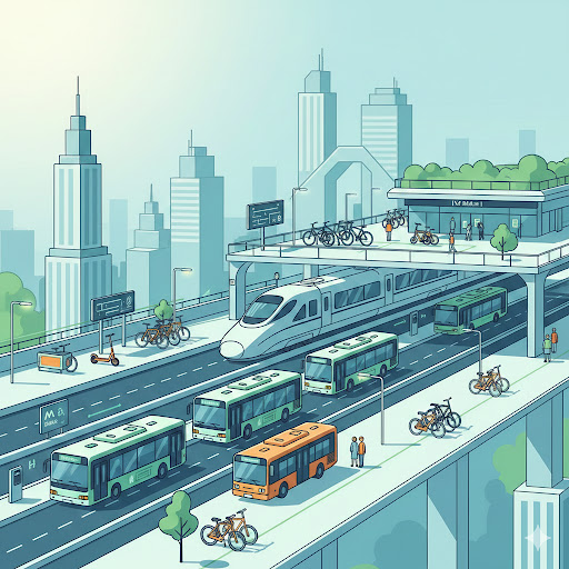 세계 각국의 대중교통 혁신을 상징하는 스마트 시티 모빌리티 허브에서 고속열차와 전기버스 및 공유 자전거 서비스가 통합된 모습.