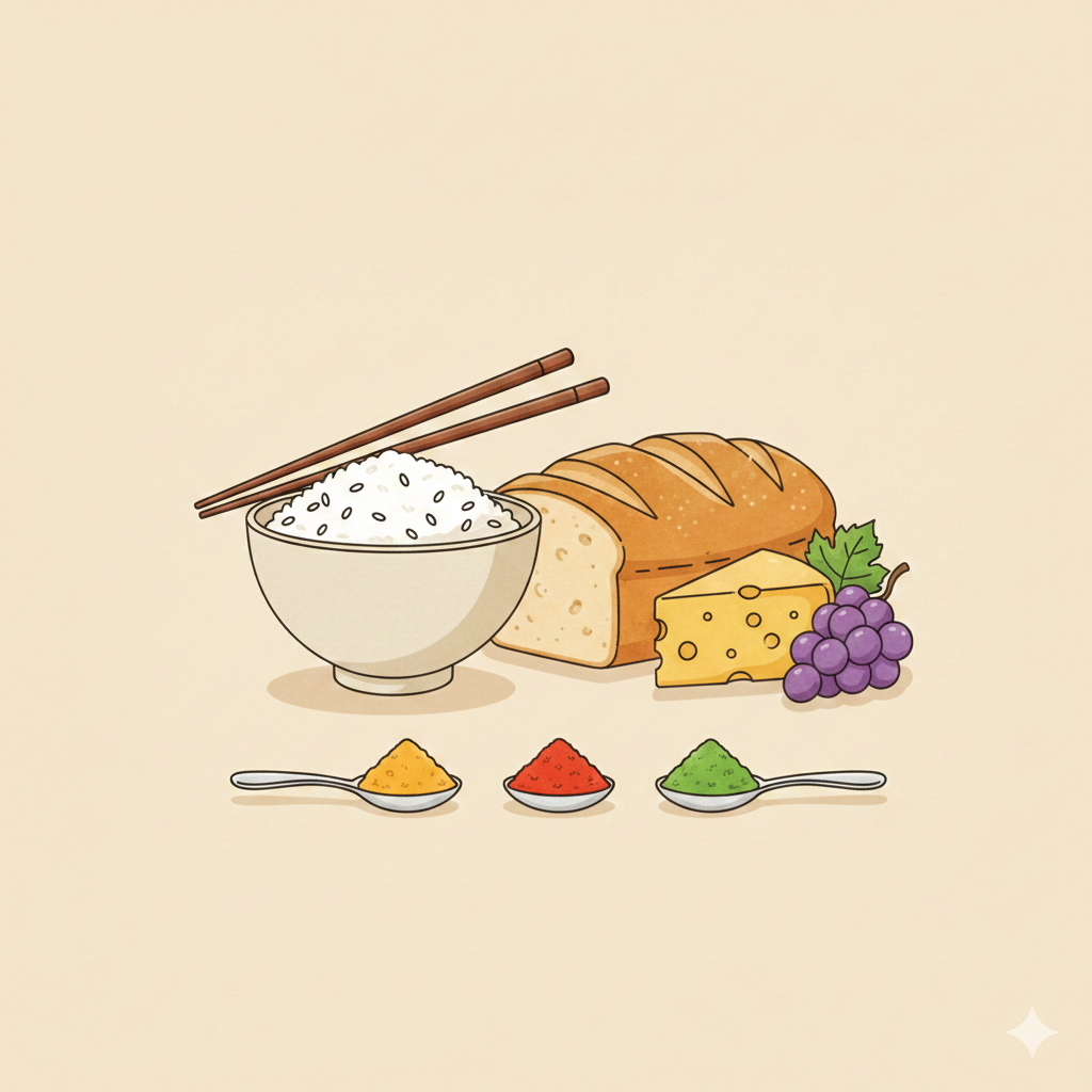 세계 식문화의 상징인 쌀, 빵, 치즈, 향신료가 조화롭게 배치된 미니멀 일러스트레이션