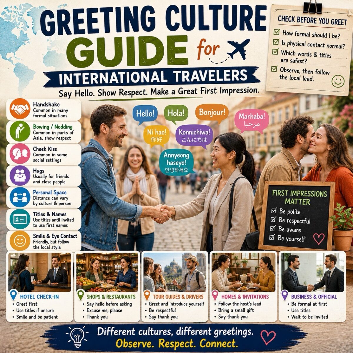 greeting culture guide with handshake, bowing, cheek kiss, personal space, titles, polite phrases, and first impression checklist for international travelers