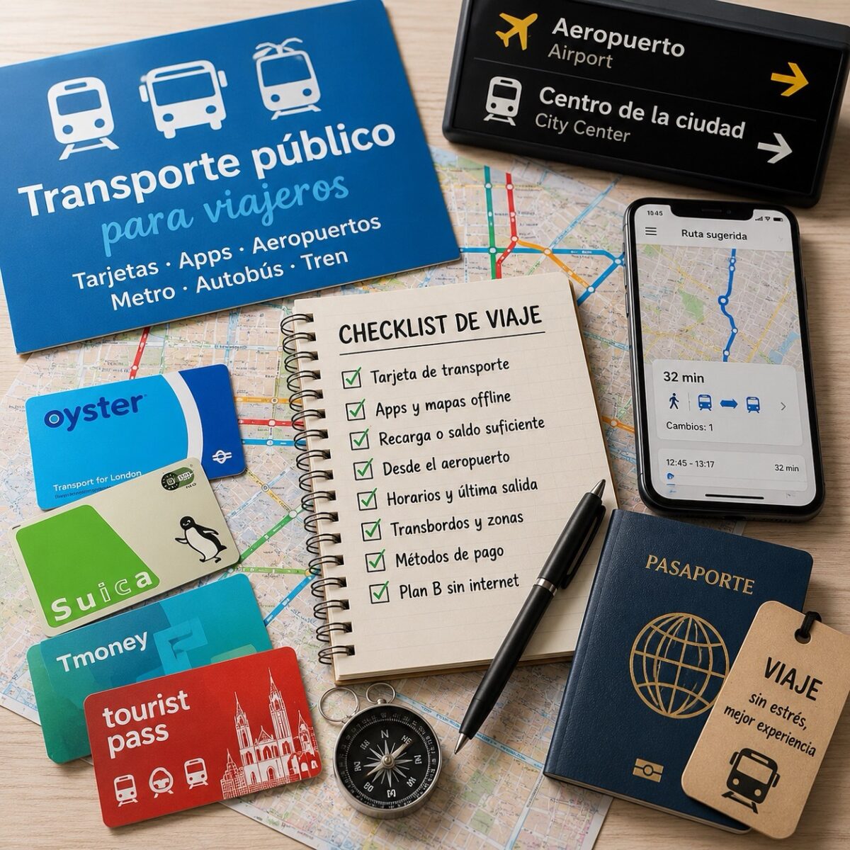 Tarjetas de transporte, mapa urbano, móvil con ruta, pasaporte y checklist para usar transporte público en el extranjero