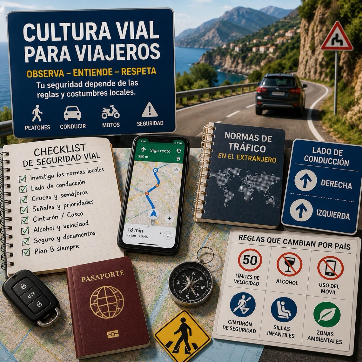 Mapa de viaje, señales de tráfico, coche en carretera costera, pasaporte y checklist de seguridad vial para viajeros