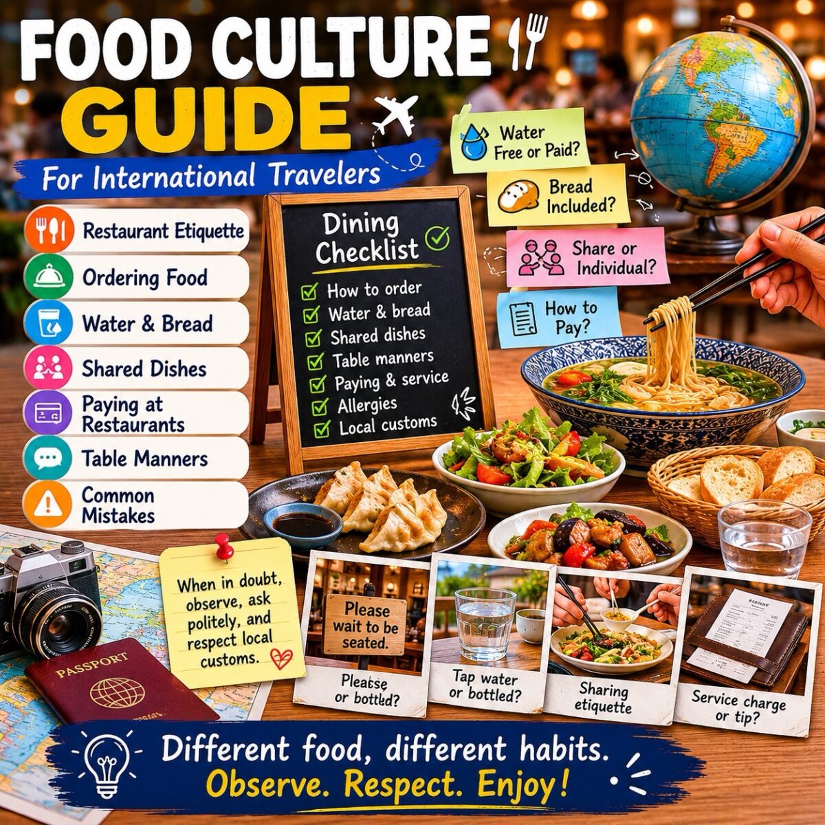 food culture guide with restaurant etiquette, ordering food, water and bread rules, shared dishes, table manners, payment, and dining checklist for international travelers