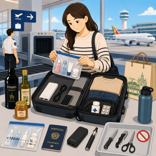 포르투갈 기내반입규정 안내를 위한 공항 보안검색과 여행 가방 일러스트