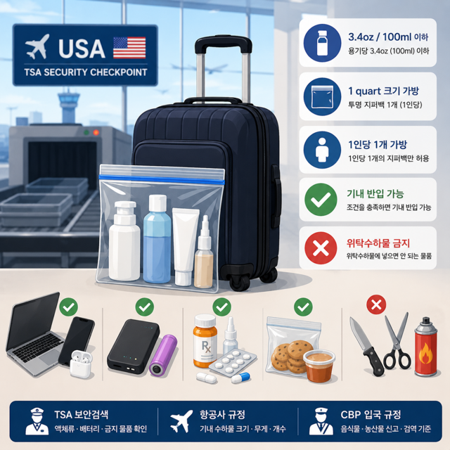 미국 기내반입규정 안내를 위한 공항 보안검색과 여행 가방 일러스트