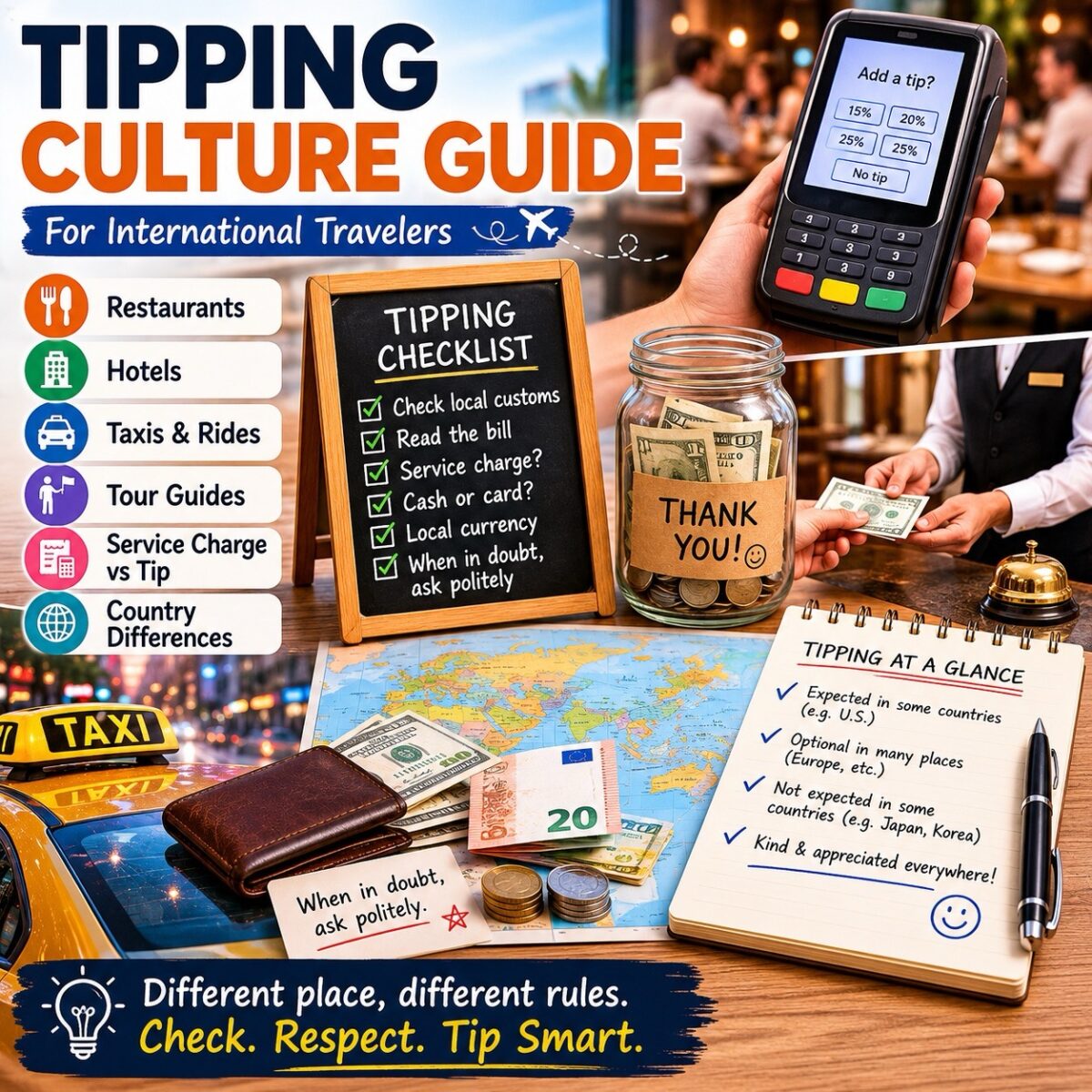 tipping culture guide with restaurant bill, service charge, cash tips, card payment screen, local currency, and travel tipping checklist