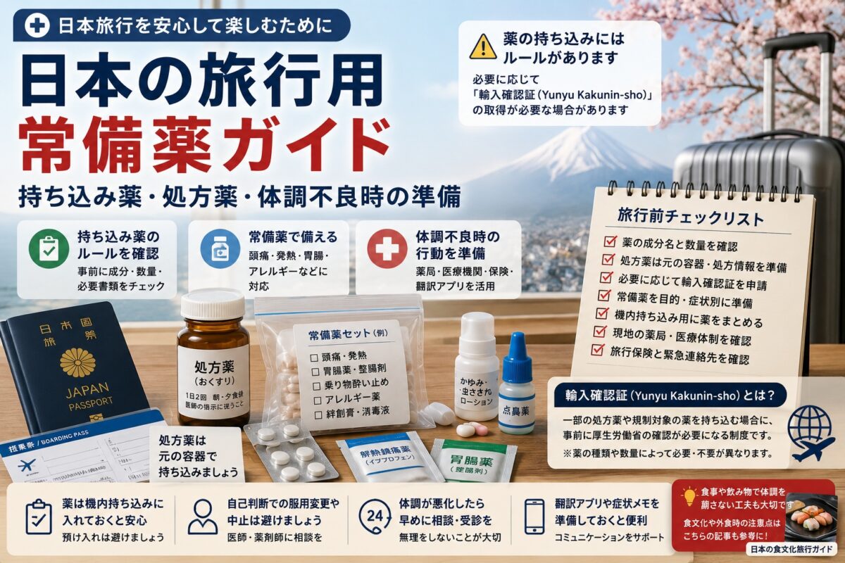 日本旅行前に確認したい持ち込み薬、処方薬、常備薬、体調不良時の準備チェックリスト