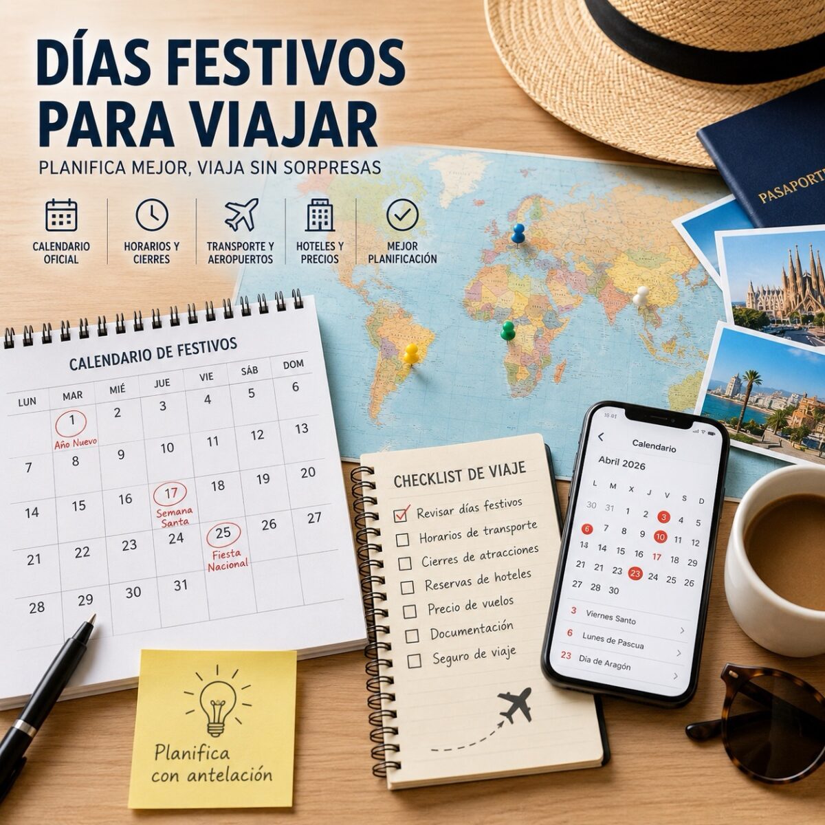 Calendario de días festivos, mapa mundial y checklist de viaje para planificar rutas, horarios y reservas