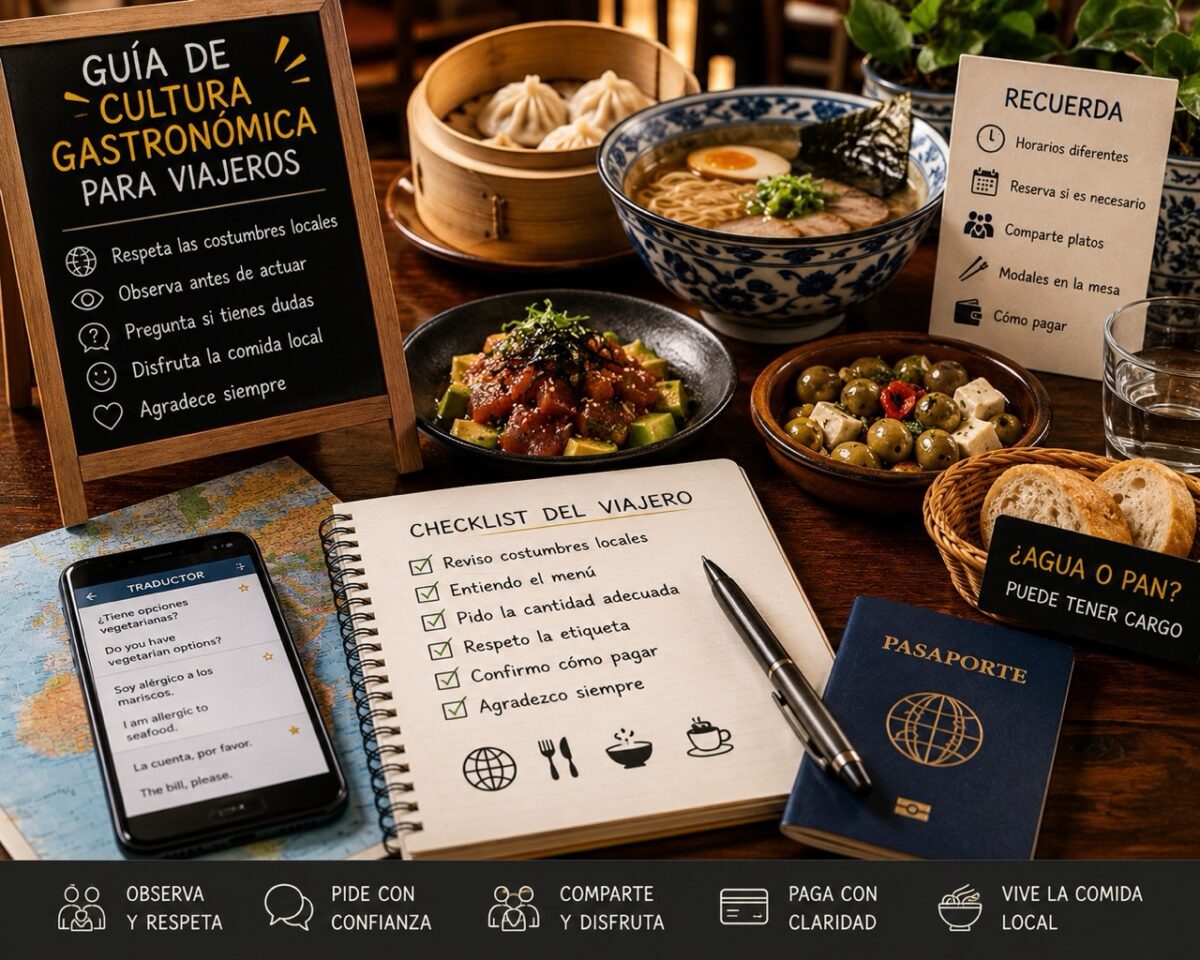Mesa con platos internacionales, mapa, pasaporte, móvil con traductor, checklist y señales sobre etiqueta gastronómica para viajeros