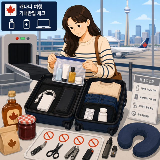 캐나다 기내반입규정 안내를 위한 공항 보안검색과 여행 가방 일러스트
