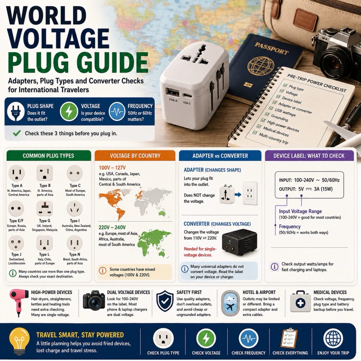 world voltage plug guide with common plug types, voltage by country, adapter versus converter, device label checks, high-power devices, medical devices, and travel power checklist