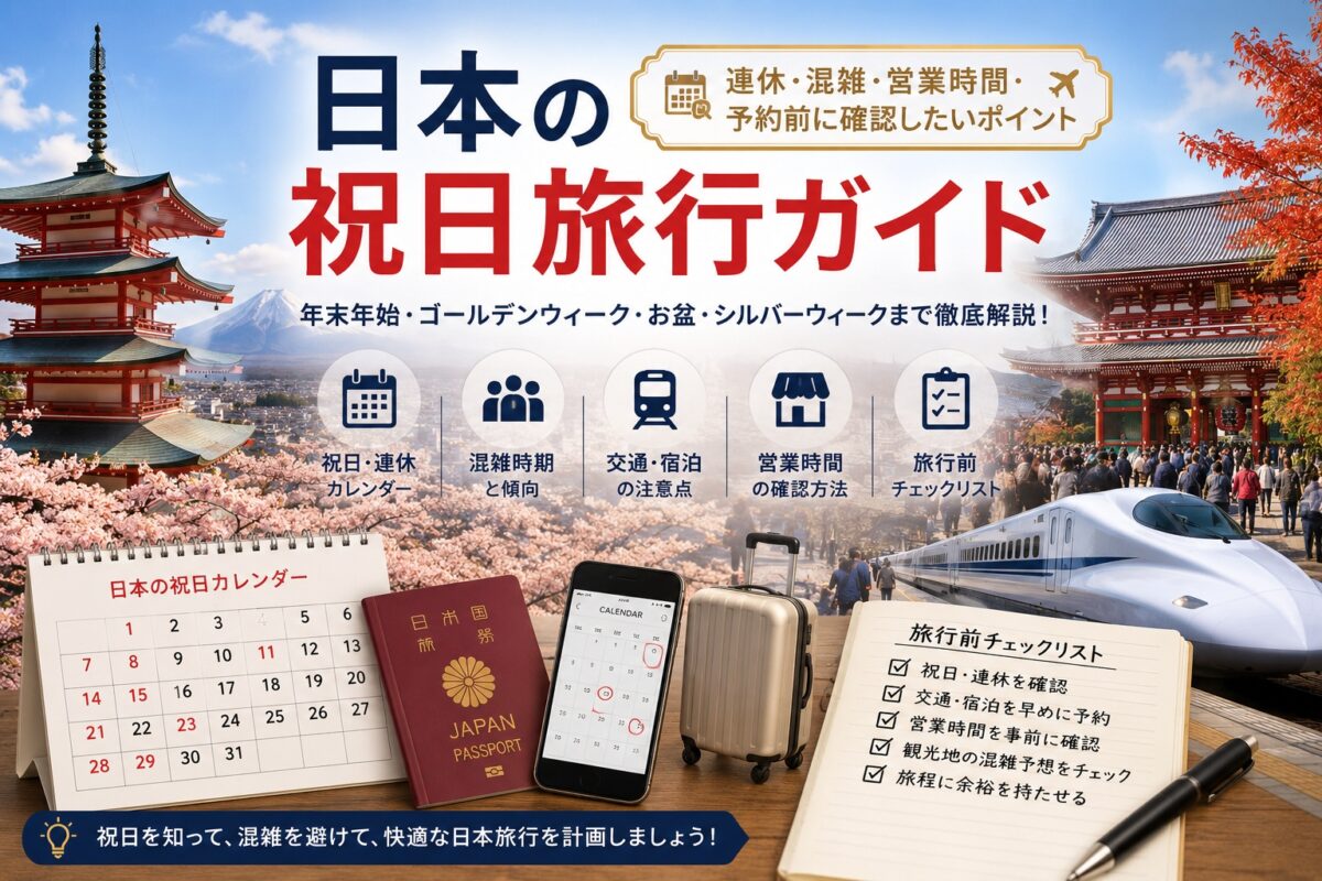 日本の祝日カレンダー、観光地、混雑、交通、営業時間を確認する旅行準備イメージ