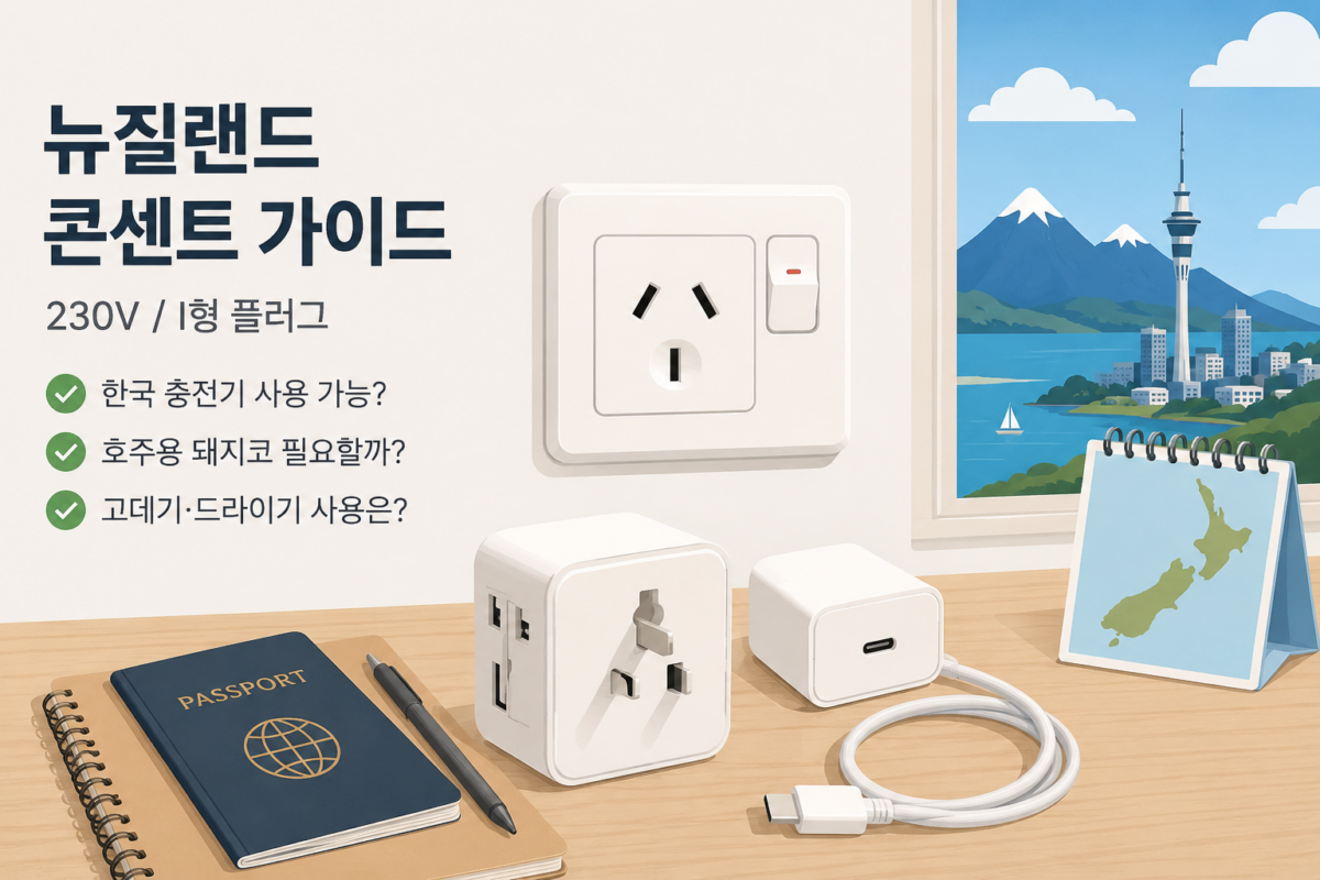 뉴질랜드 여행 준비를 위한 I형 콘센트와 충전 어댑터 일러스트