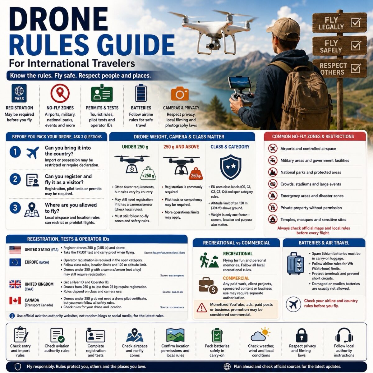 drone rules guide with registration, no-fly zones, permits, pilot tests, drone batteries, camera privacy rules, recreational versus commercial flying, and pre-flight checklist for international travelers