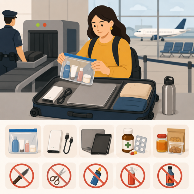 인도 기내반입규정 안내를 위한 공항 보안검색과 여행 가방 일러스트