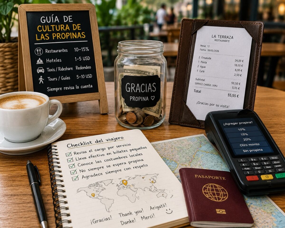 Mesa de café con cuenta de restaurante, terminal de pago, bote de propinas, pasaporte y checklist de viaje