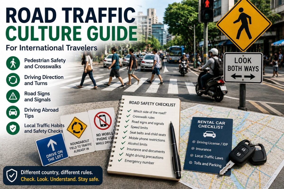 road traffic culture guide with pedestrian crosswalk, road signs, driving direction tips, rental car checklist, and safety reminders for international travelers