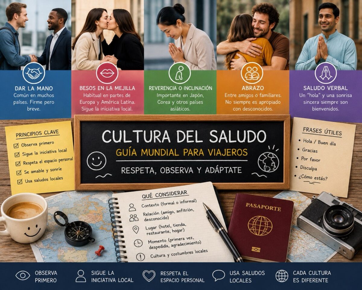 Infografía de saludos del mundo con apretón de manos, beso en la mejilla, reverencia, abrazo, pasaporte, mapa y checklist de viaje