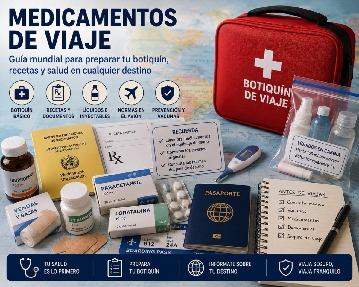 Botiquín de viaje con medicamentos, receta médica, pasaporte, termómetro y checklist sobre un mapa mundial