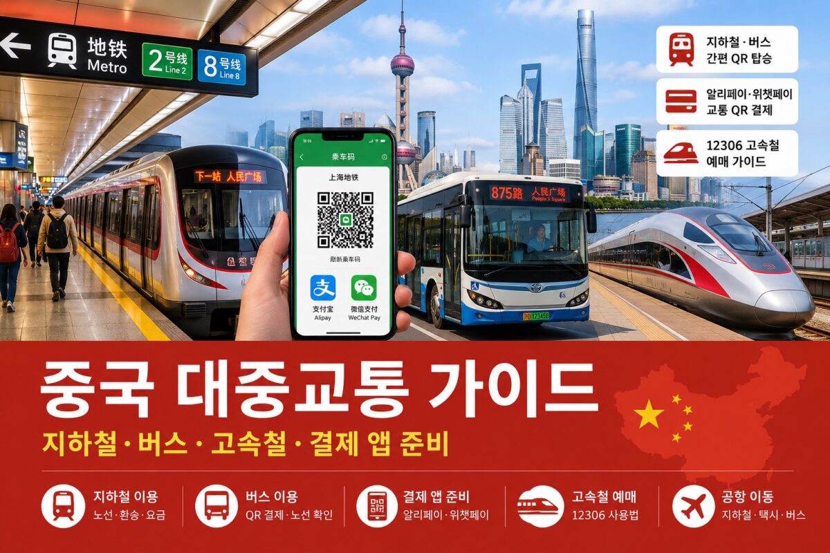 중국 도시의 지하철, 버스, 고속철, 스마트폰 QR 결제 화면과 공항 이동 요소를 함께 보여주는 중국 대중교통 가이드 이미지