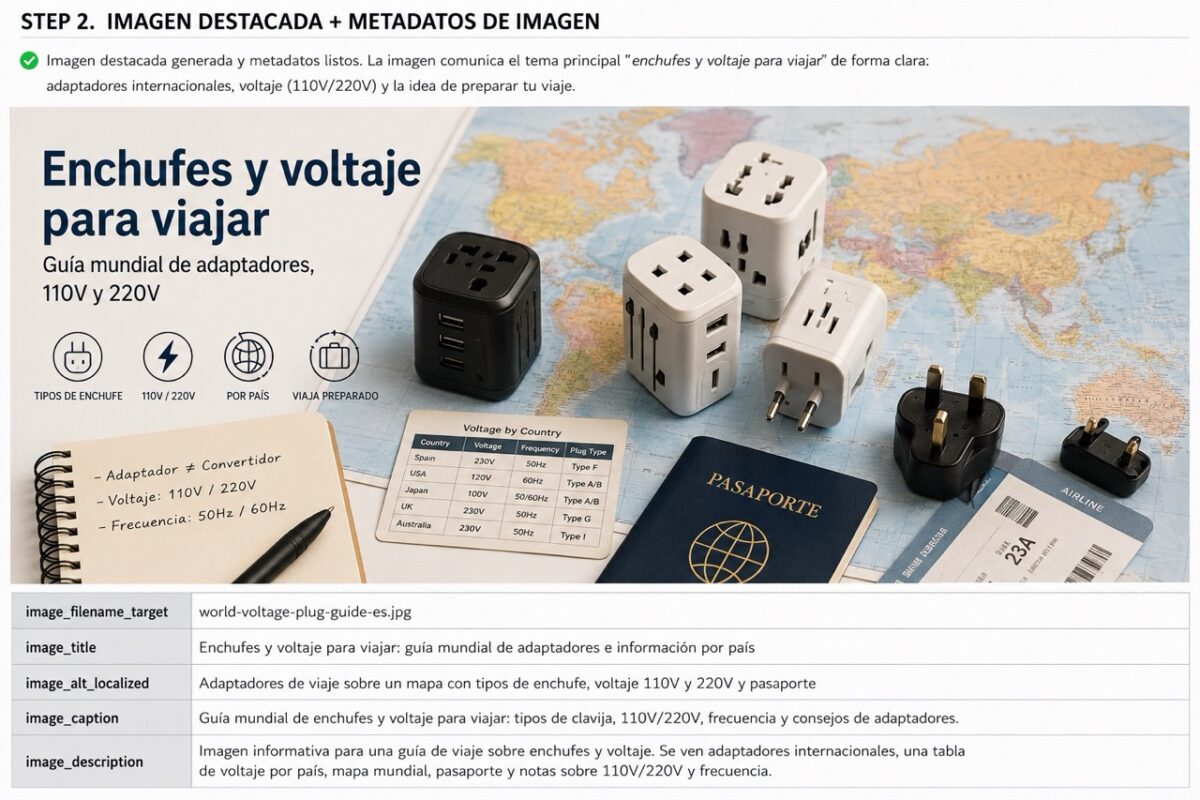 Adaptadores de viaje sobre un mapa mundial con referencias a enchufes, voltaje y frecuencia por país