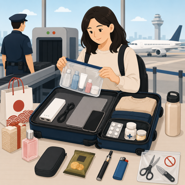 일본 기내반입규정 안내를 위한 공항 보안검색과 여행 가방 일러스트
