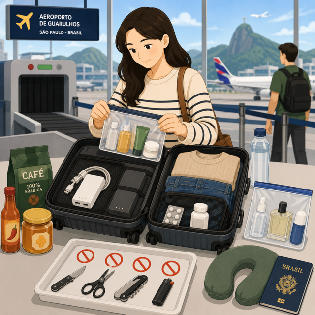 브라질 기내반입규정 안내를 위한 공항 보안검색과 여행 가방 일러스트
