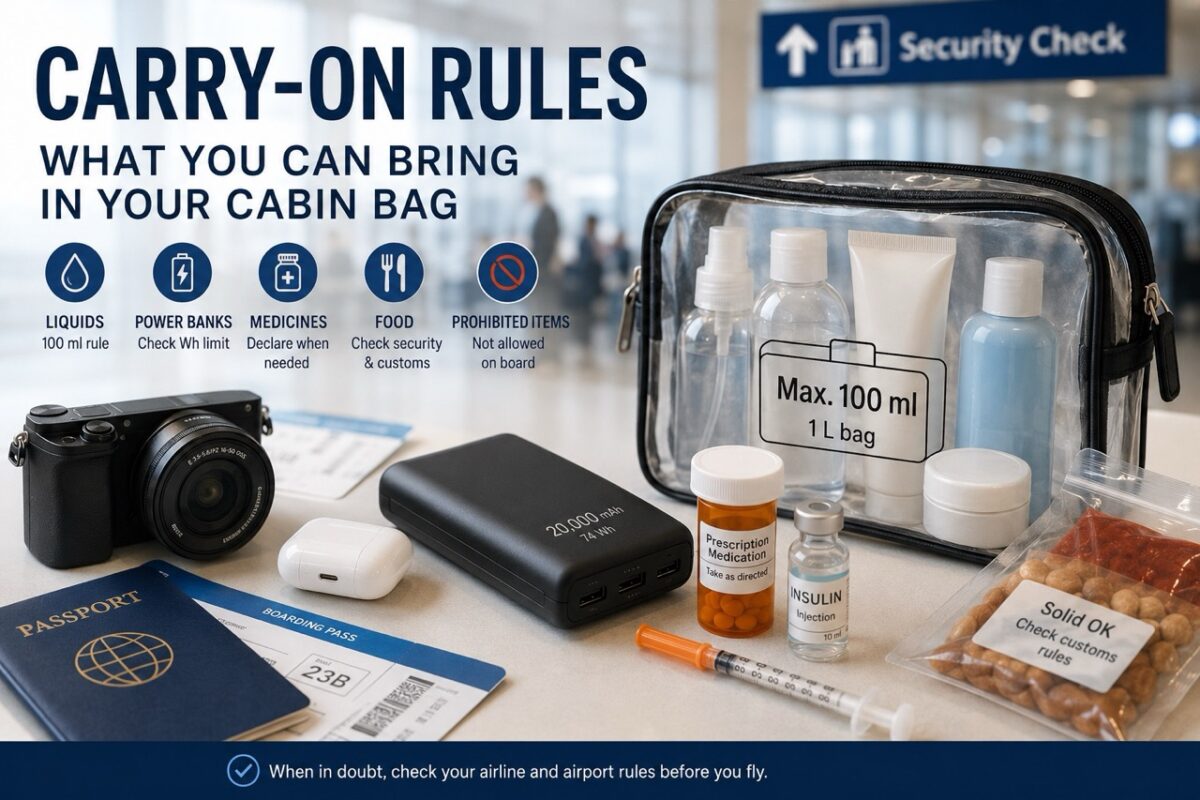 Carry-on travel essentials arranged at an airport security checkpoint, including liquids, a power bank, medicines, food, passport, and camera.