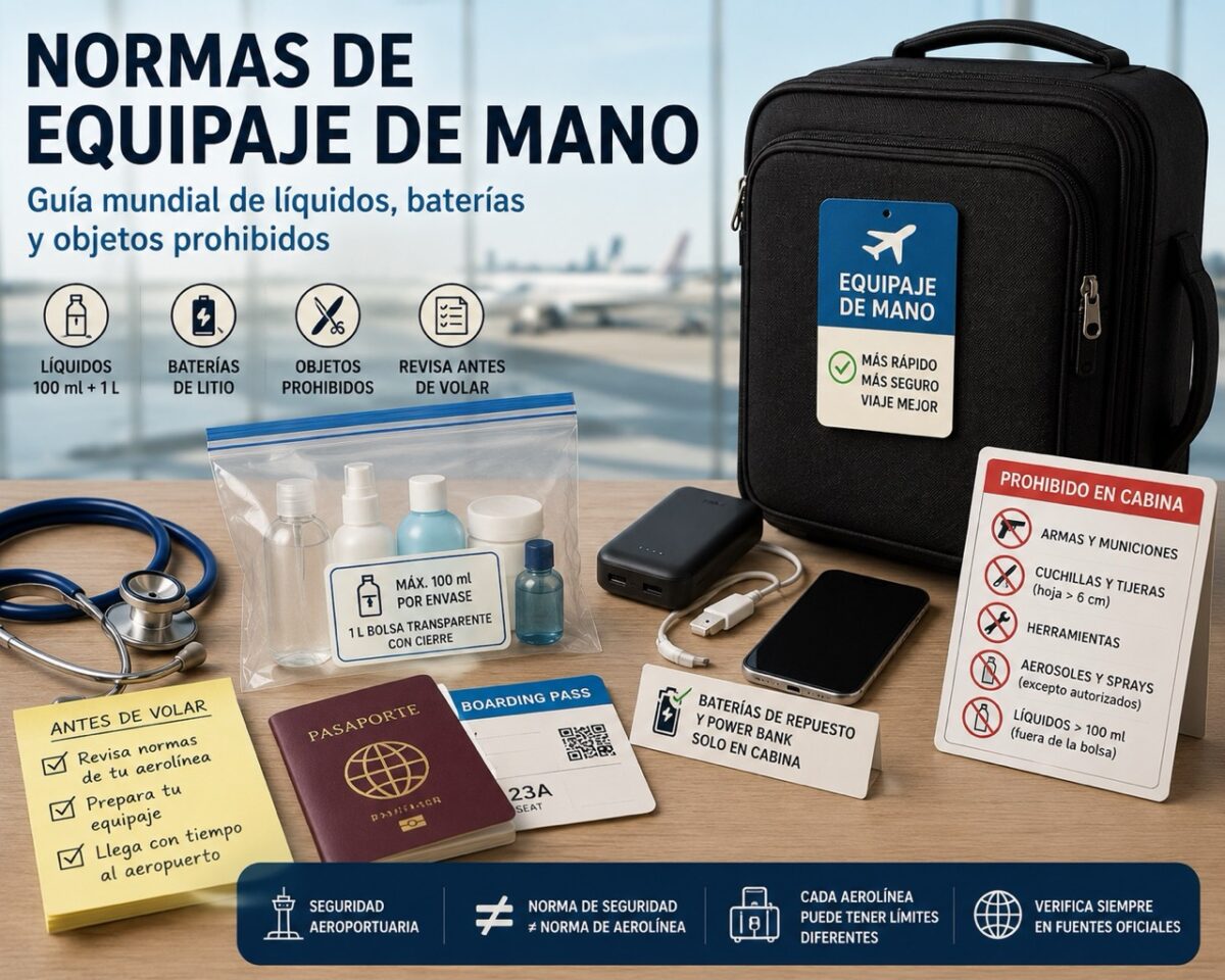 Maleta de cabina con líquidos en bolsa transparente, batería externa, pasaporte y señales de objetos prohibidos en el aeropuerto
