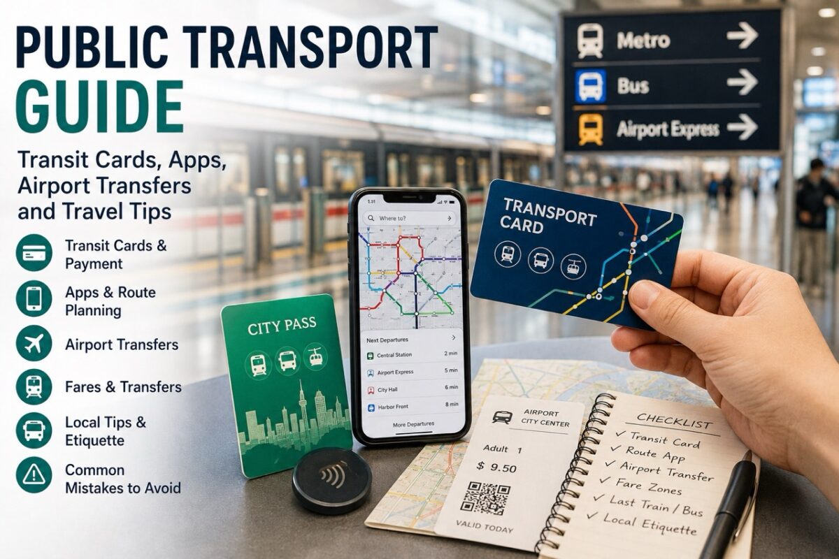 public transport guide with transit card, route app, city pass, airport transfer ticket, and travel checklist in a modern metro station