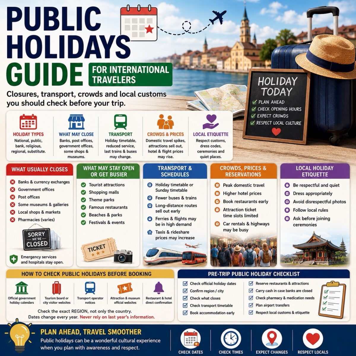 public holidays guide with closures, transport schedules, crowds, prices, reservations, local etiquette, and pre-trip holiday checklist for international travelers