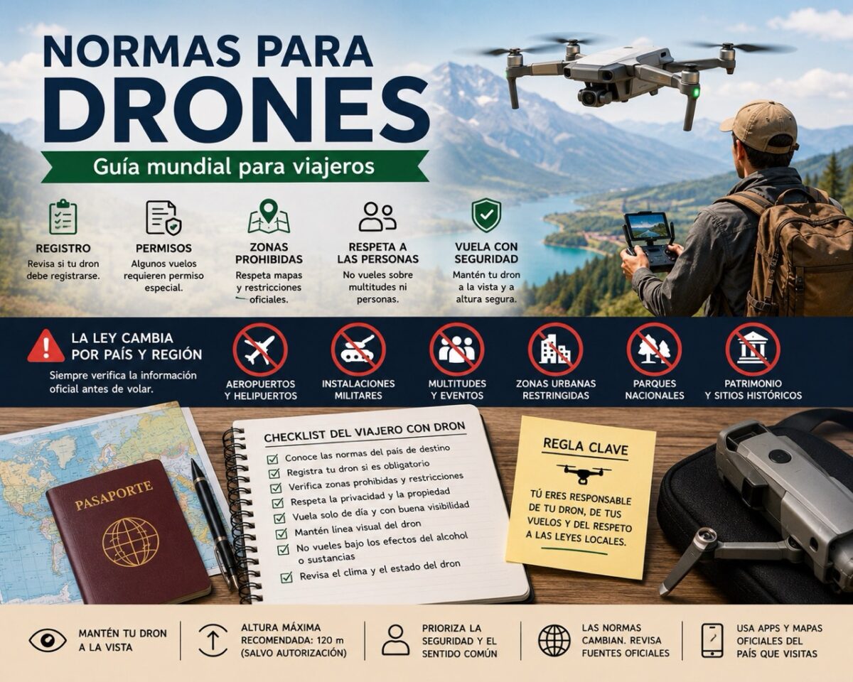 Dron volando sobre paisaje de montaña con mapa, pasaporte, checklist y señales de zonas prohibidas para viajeros