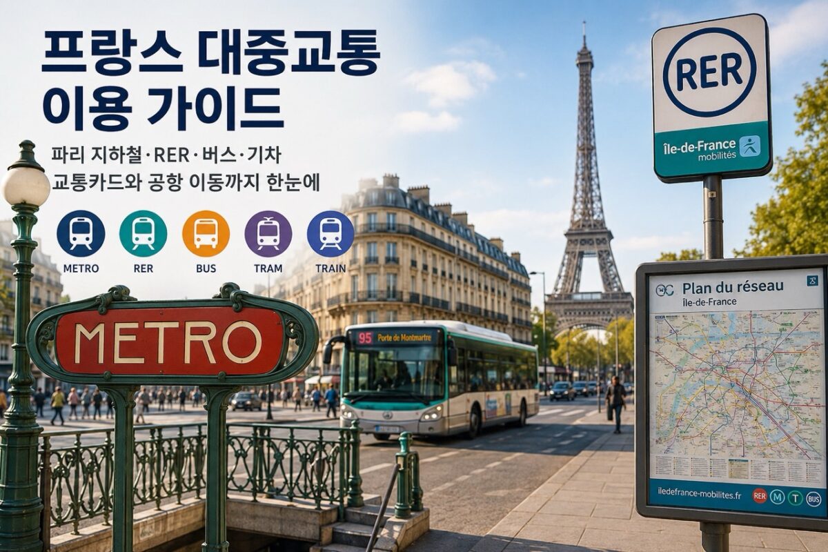 파리 거리의 메트로 표지판과 RER 안내판, 버스, 에펠탑을 배경으로 한 프랑스 대중교통 가이드 이미지