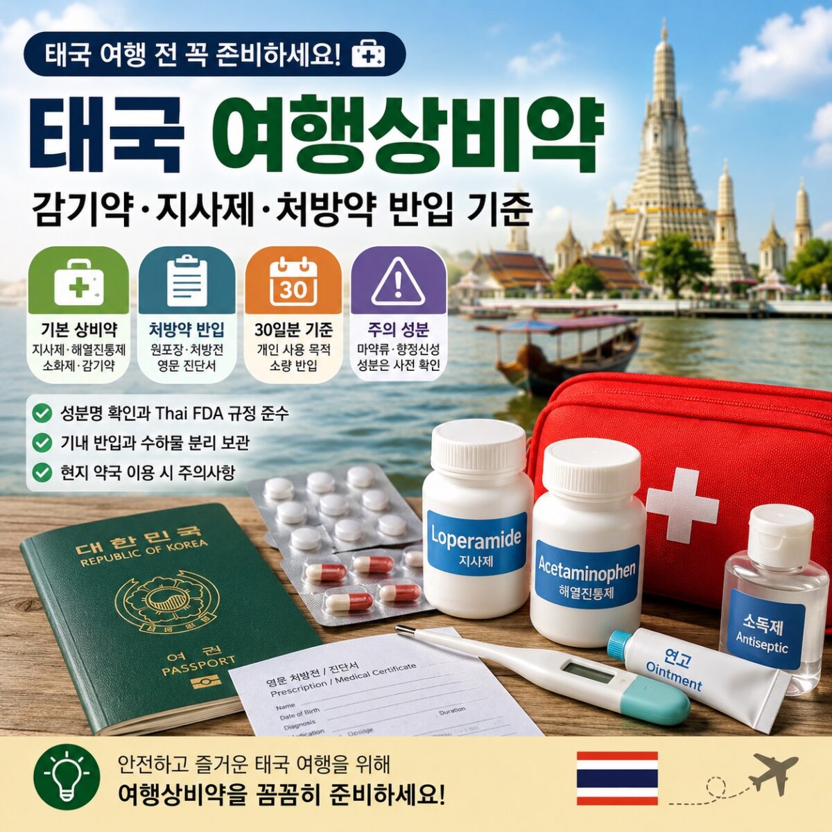 태국 사원과 여행용 구급 파우치 이미지 위에 감기약, 지사제, 처방약 반입 기준을 정리한 여행상비약 썸네일