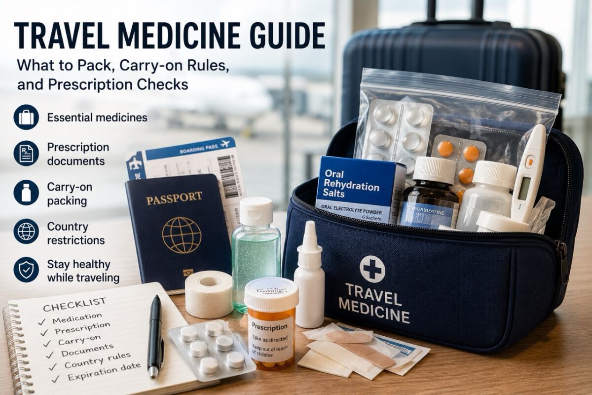travel medicine guide with essential medicines, prescription documents, carry-on packing items, passport, and first aid supplies for international travel