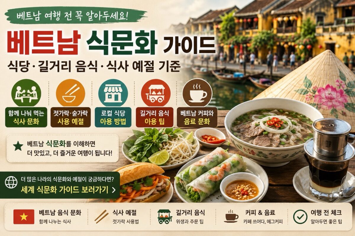 베트남 거리 음식과 커피 이미지 위에 식당 이용법, 길거리 음식, 식사 예절 기준을 정리한 여행 가이드 썸네일