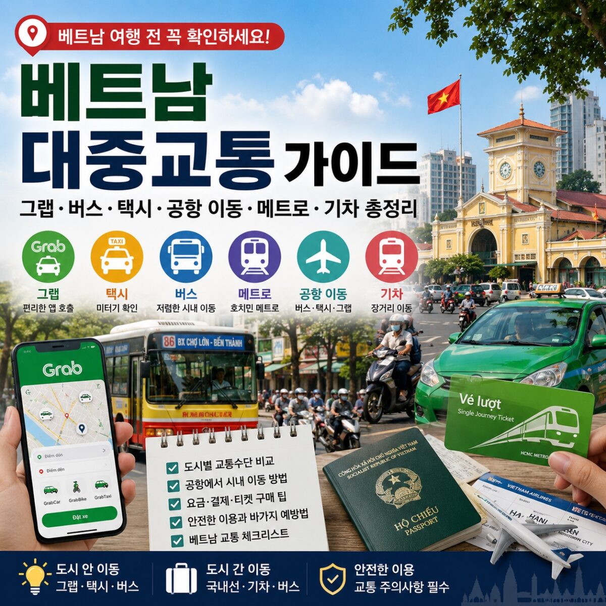 베트남 도심 거리와 그랩, 택시, 버스, 메트로, 공항 이동 정보를 정리한 대중교통 여행 가이드 썸네일