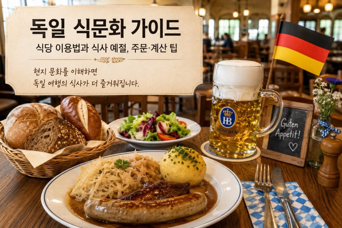 독일 식당의 테이블 위에 빵, 소시지, 감자 요리, 샐러드와 맥주가 놓인 독일 식문화 가이드 이미지