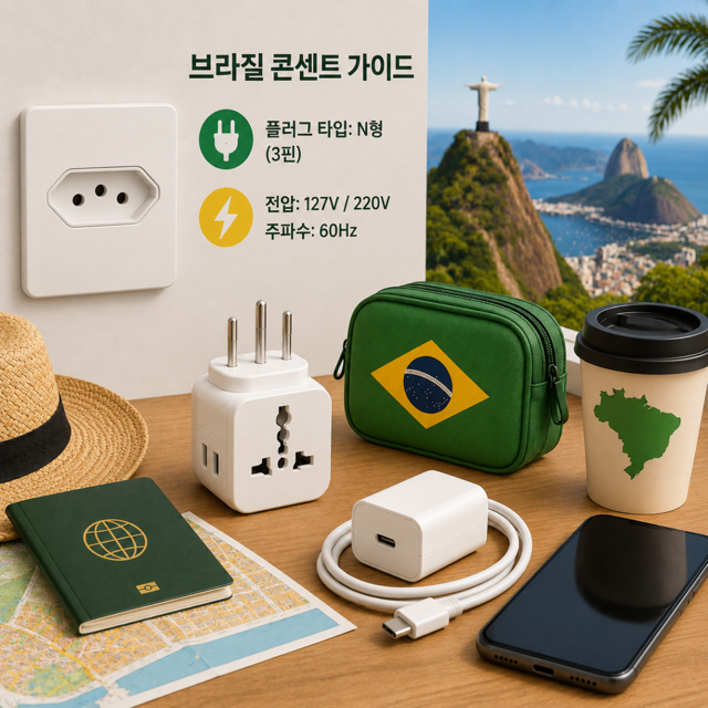 브라질 여행 준비를 위한 브라질 콘센트와 충전 어댑터 일러스트