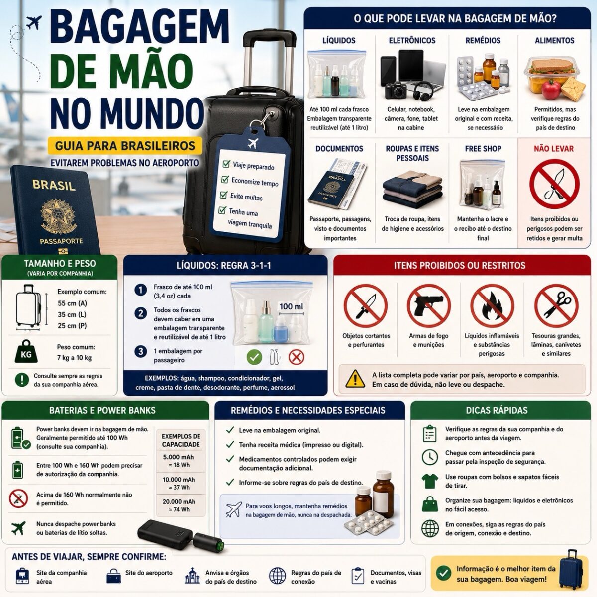Mala de cabine, líquidos, eletrônicos, remédios, alimentos e itens proibidos para explicar bagagem de mão no mundo