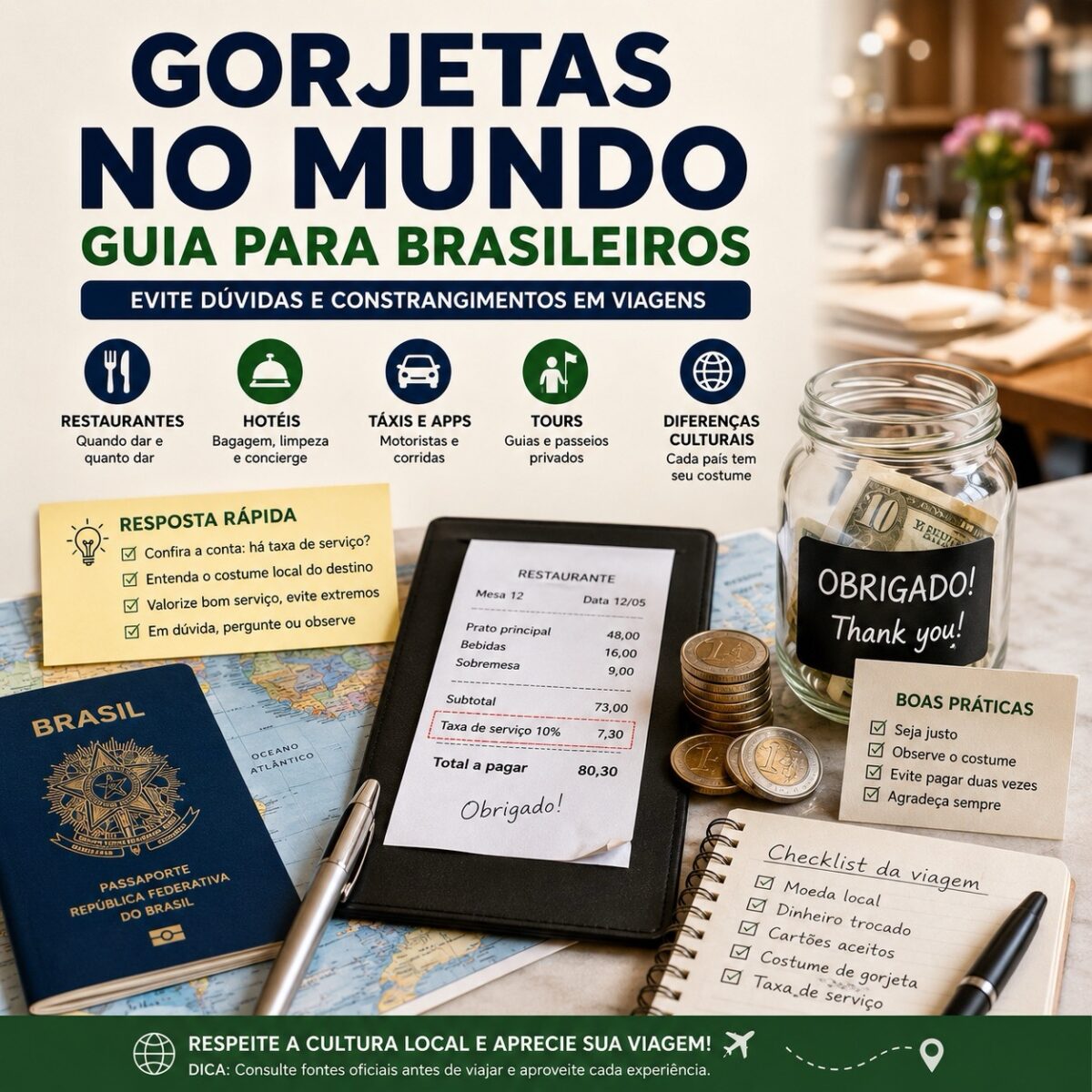 Conta de restaurante, moedas, passaporte brasileiro e pote de gorjetas para explicar gorjetas no mundo