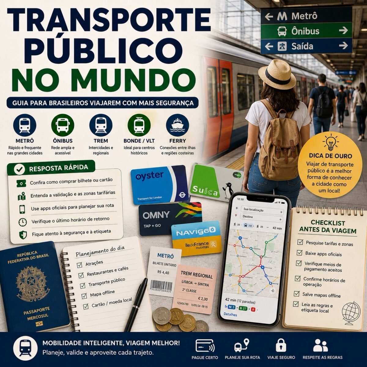 Estação de metrô, cartões de transporte, mapa no celular e checklist para explicar transporte público no mundo