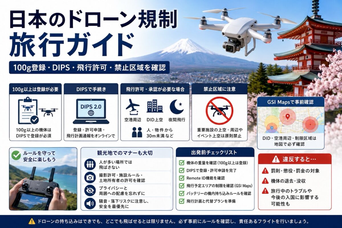 日本旅行で確認したいドローン100g登録、DIPS、飛行許可、禁止区域、GSI Maps確認のチェックリスト