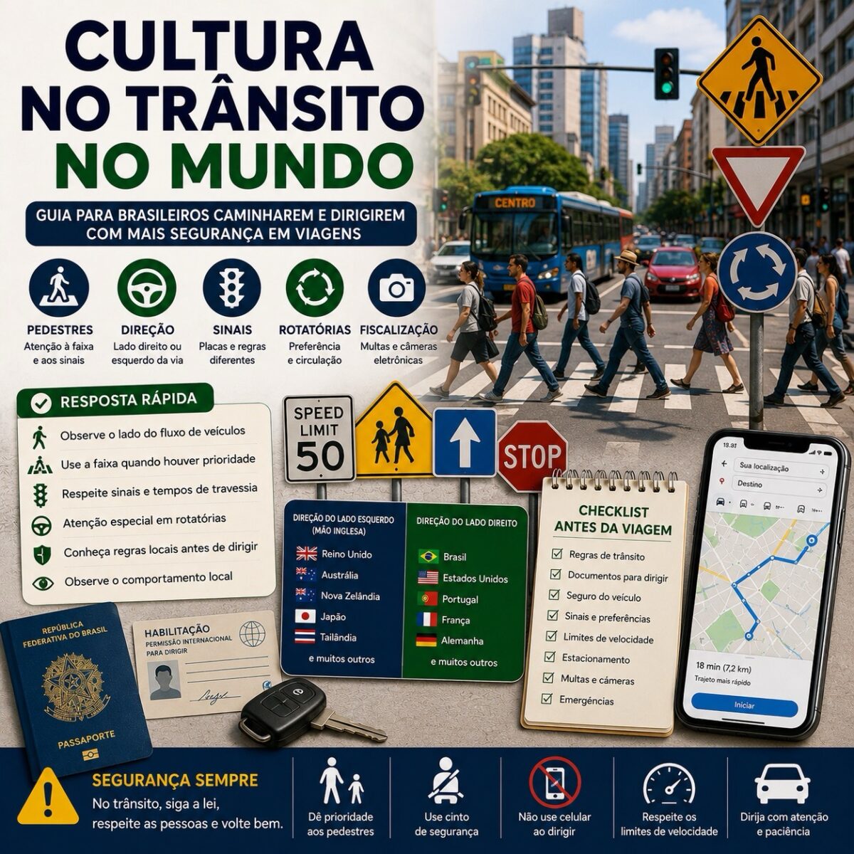 Pedestres, placas, semáforos e mapa de rota para explicar cultura no trânsito no mundo