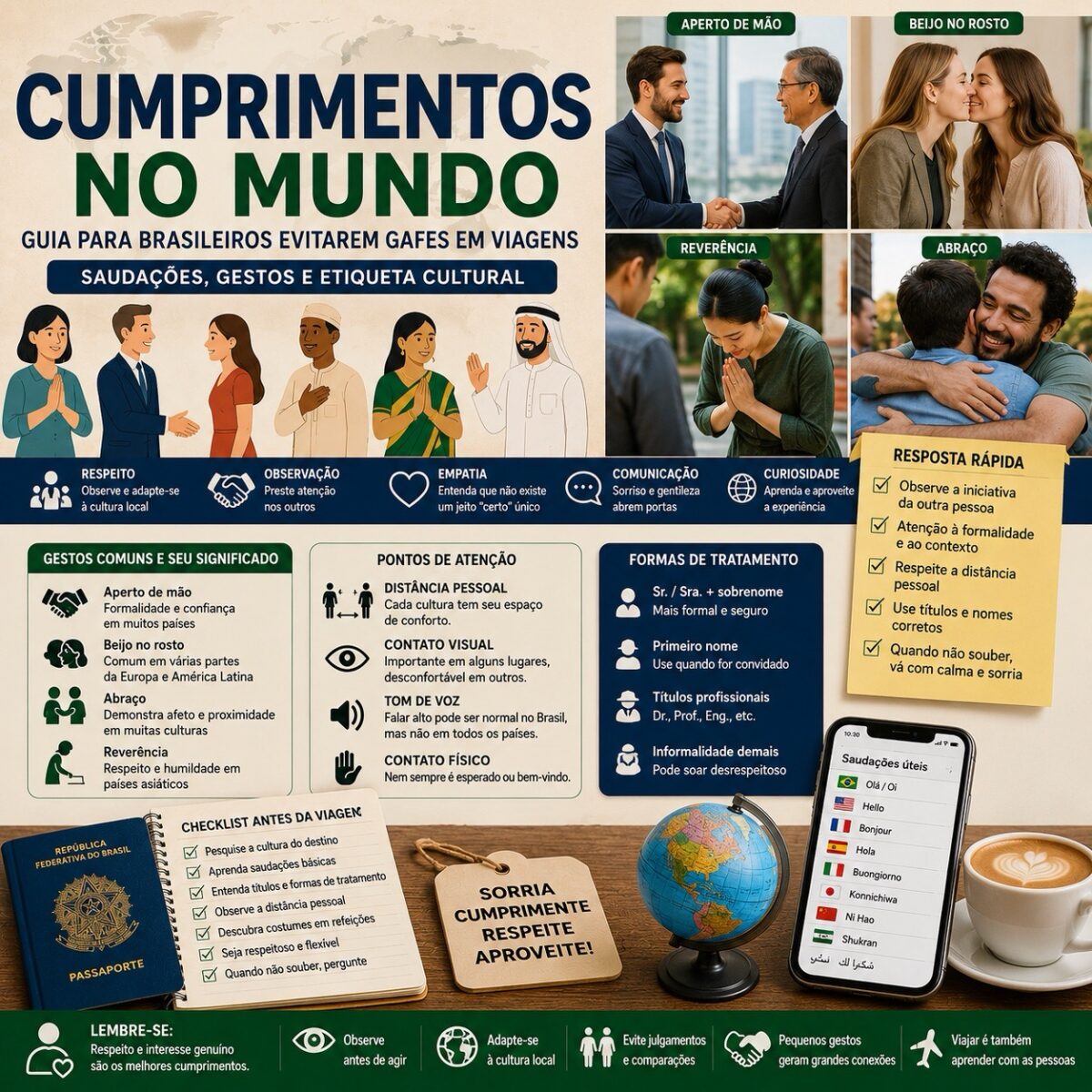 Pessoas fazendo aperto de mão, beijo no rosto, reverência e abraço para explicar cumprimentos no mundo
