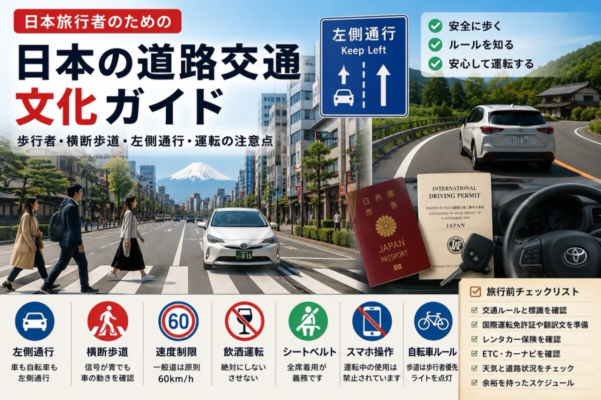 日本旅行で確認したい歩行者、横断歩道、左側通行、国際運転免許証、レンタカー運転の注意点