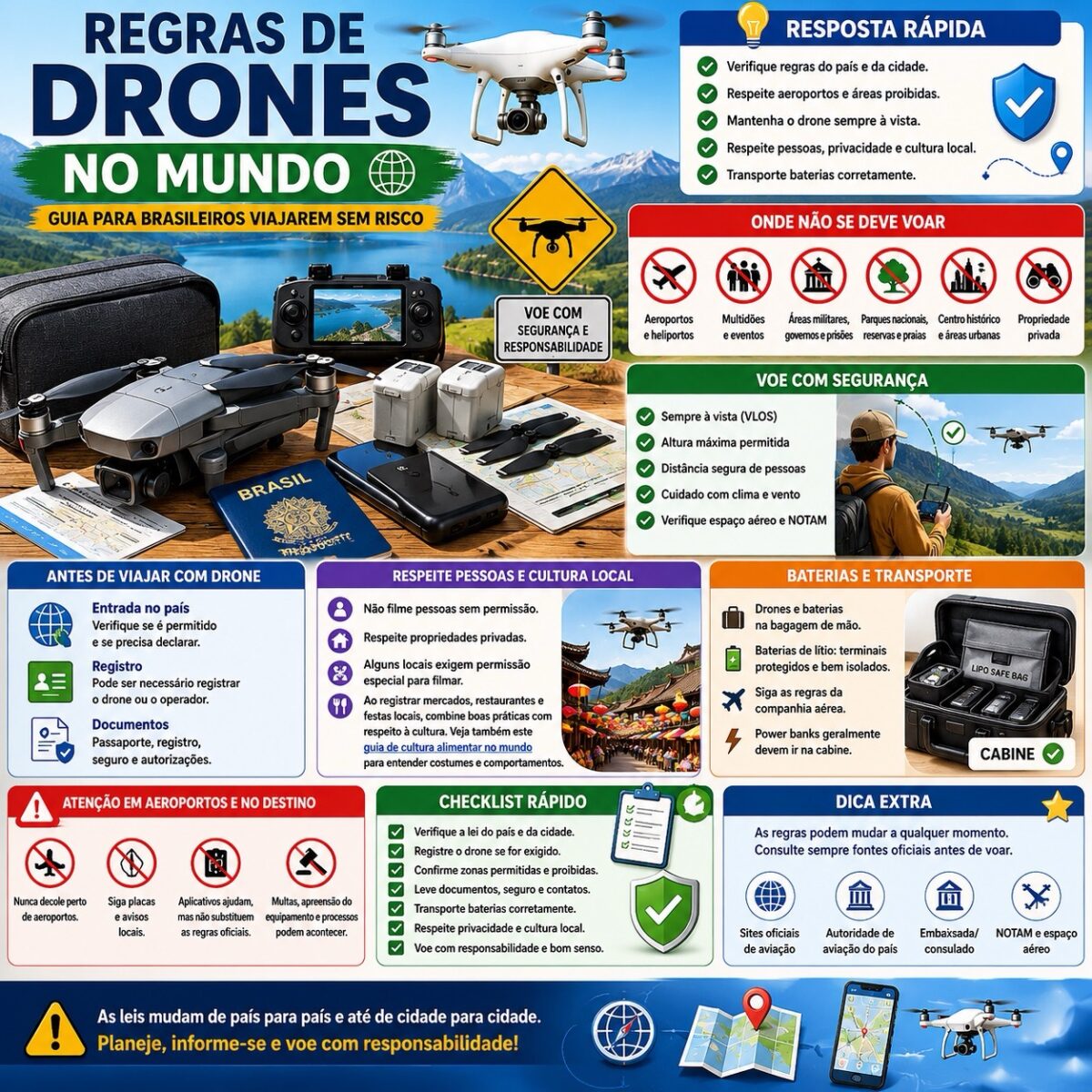 Drone, passaporte brasileiro, mapa, baterias e zonas proibidas para explicar regras de drones no mundo