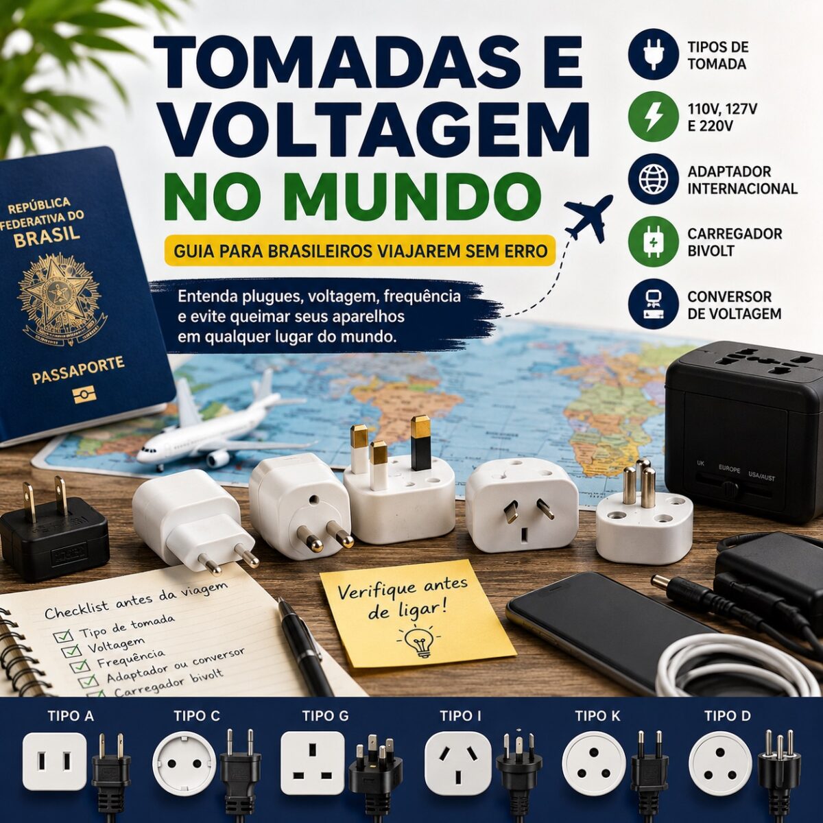 Adaptadores de tomada, carregadores e passaporte sobre mapa de viagem para explicar tomadas e voltagem no mundo