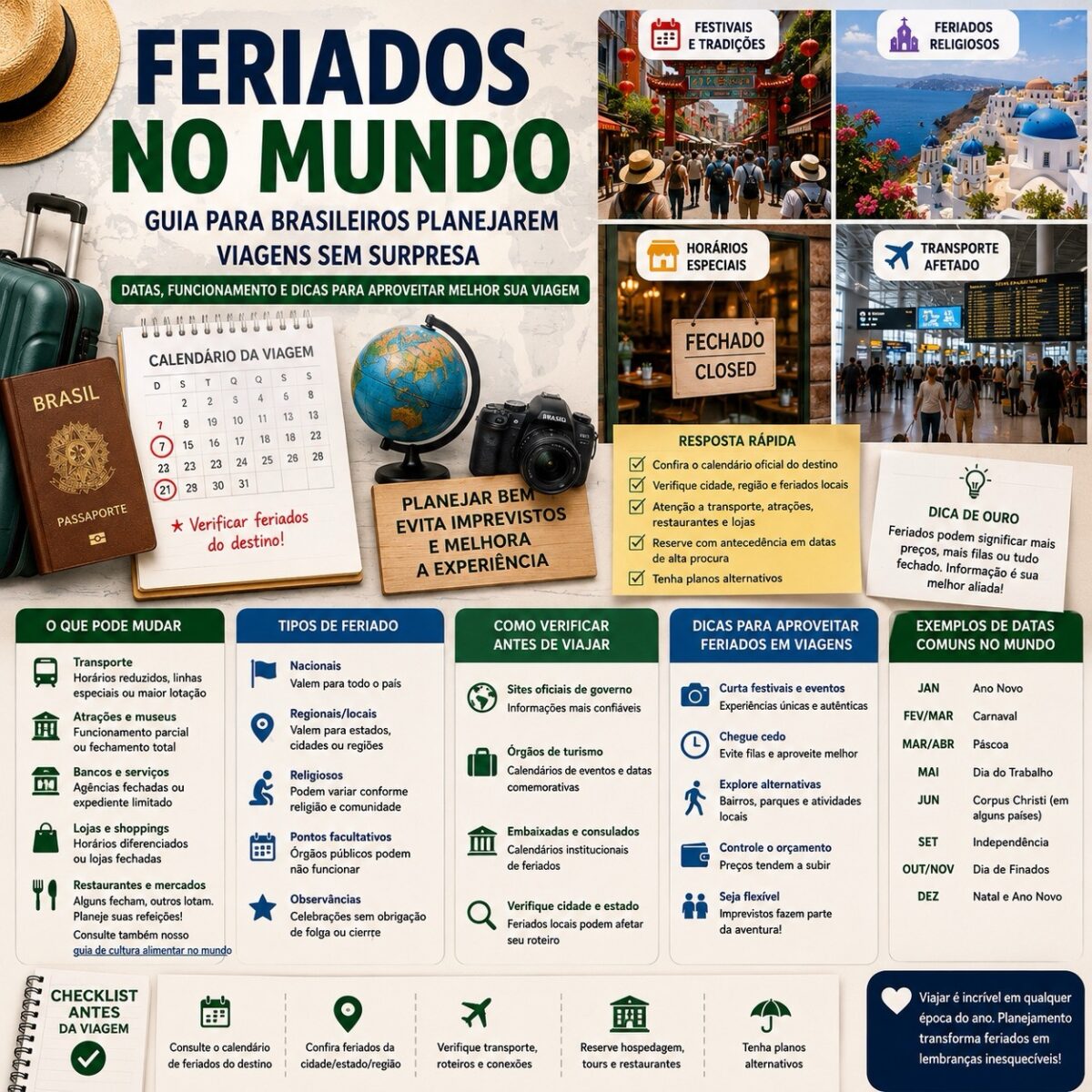 Calendário de viagem, passaporte, aeroporto e placas de fechado para explicar feriados no mundo