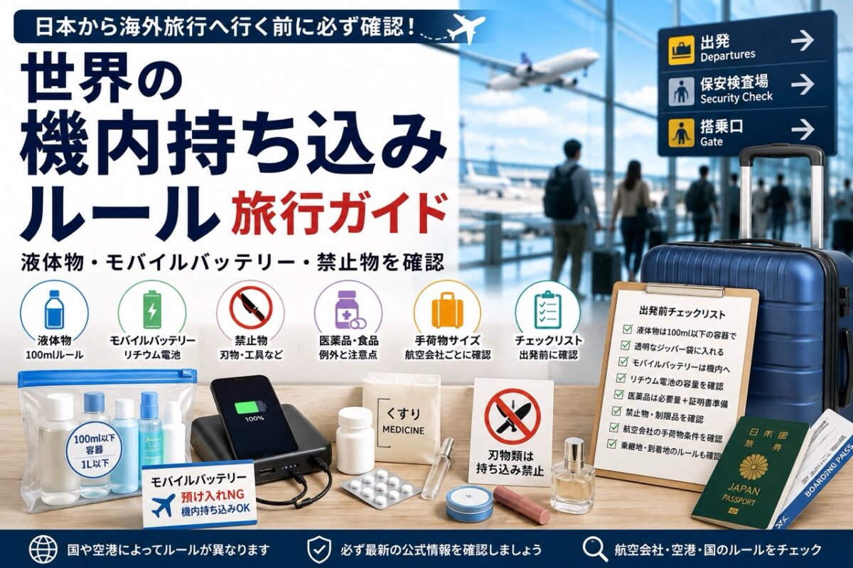 日本から海外旅行へ行く前に確認したい液体物100mlルール、モバイルバッテリー、リチウム電池、医薬品、禁止物、手荷物サイズのチェックリスト