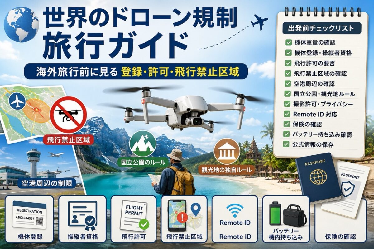 日本から海外旅行へドローンを持って行く前に確認したい機体登録、操縦者資格、飛行許可、飛行禁止区域、空港周辺、国立公園、Remote ID、バッテリー持ち込みのチェックリスト